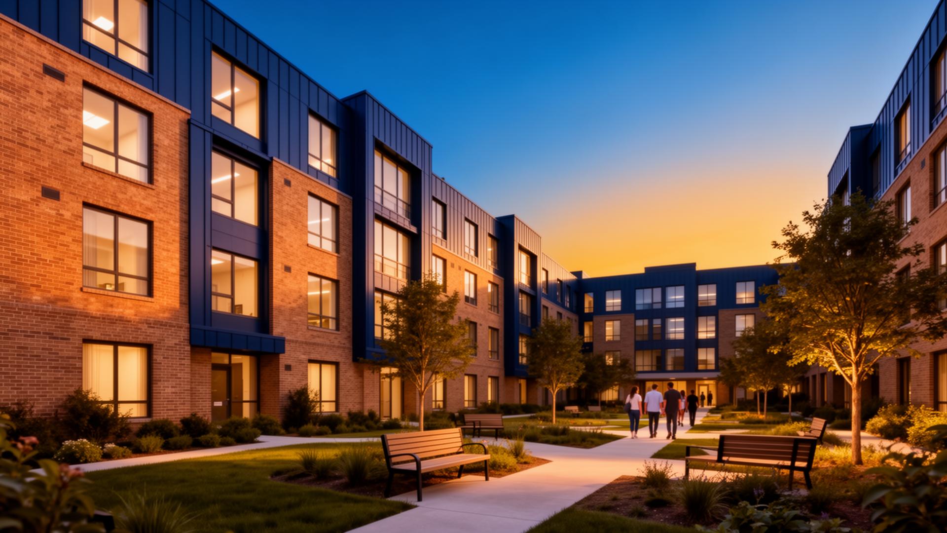 A modern affordable apartment community at dusk with landscaped courtyard and residents walking through